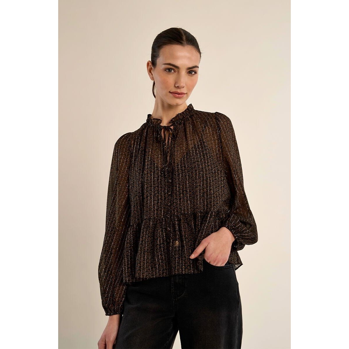 Blouse en voile avec fils métallisés dorés noir, MOLLY BRACKEN