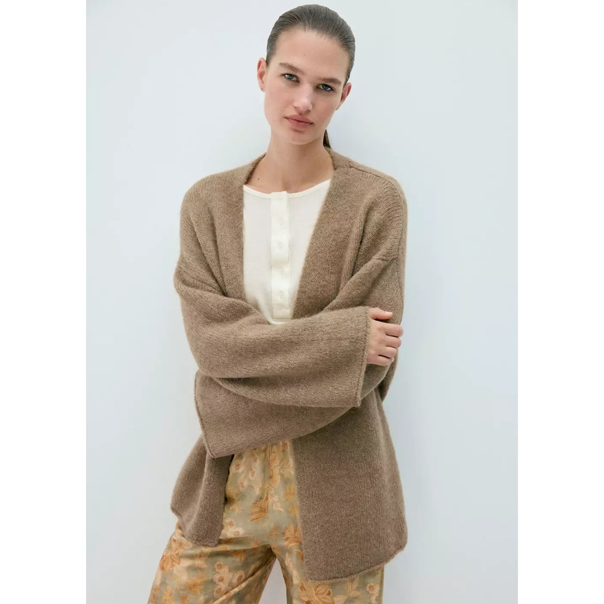 Cardigan laine mélangée marron, MANGO