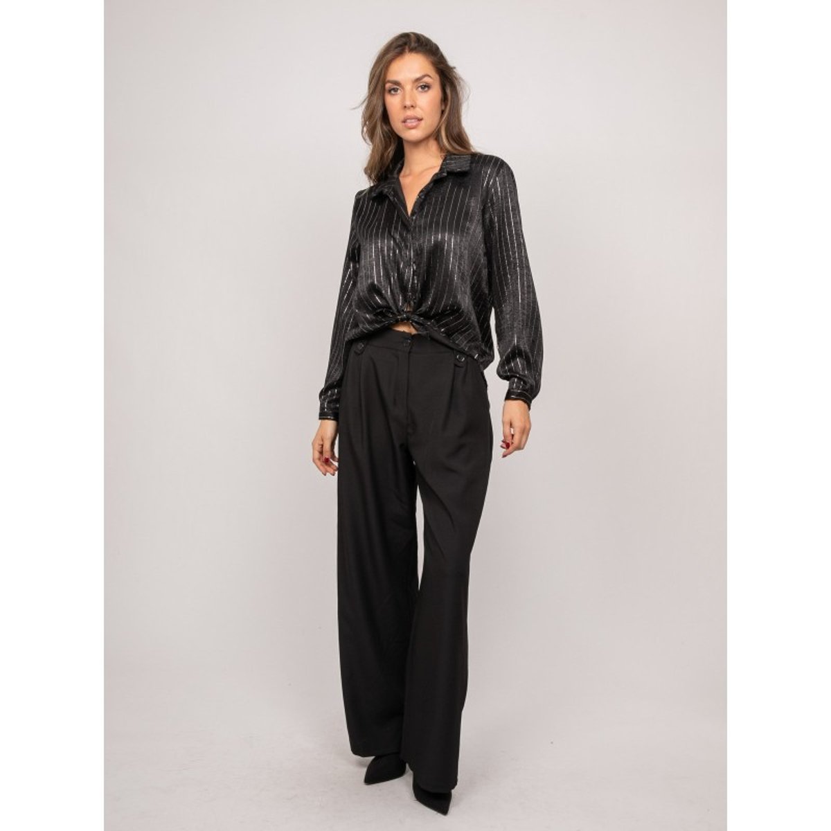 Chemise Satinée Rayures Métallisées Orona noir, DONA LISA