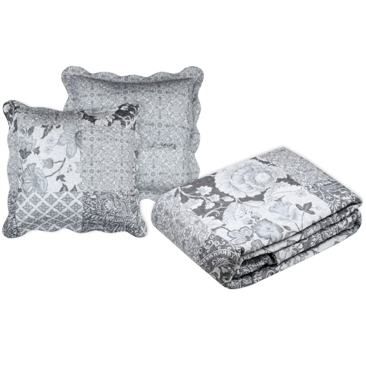 Couvre lit boutis réversible avec 2 taies d'oreiller gris, DECORATIE