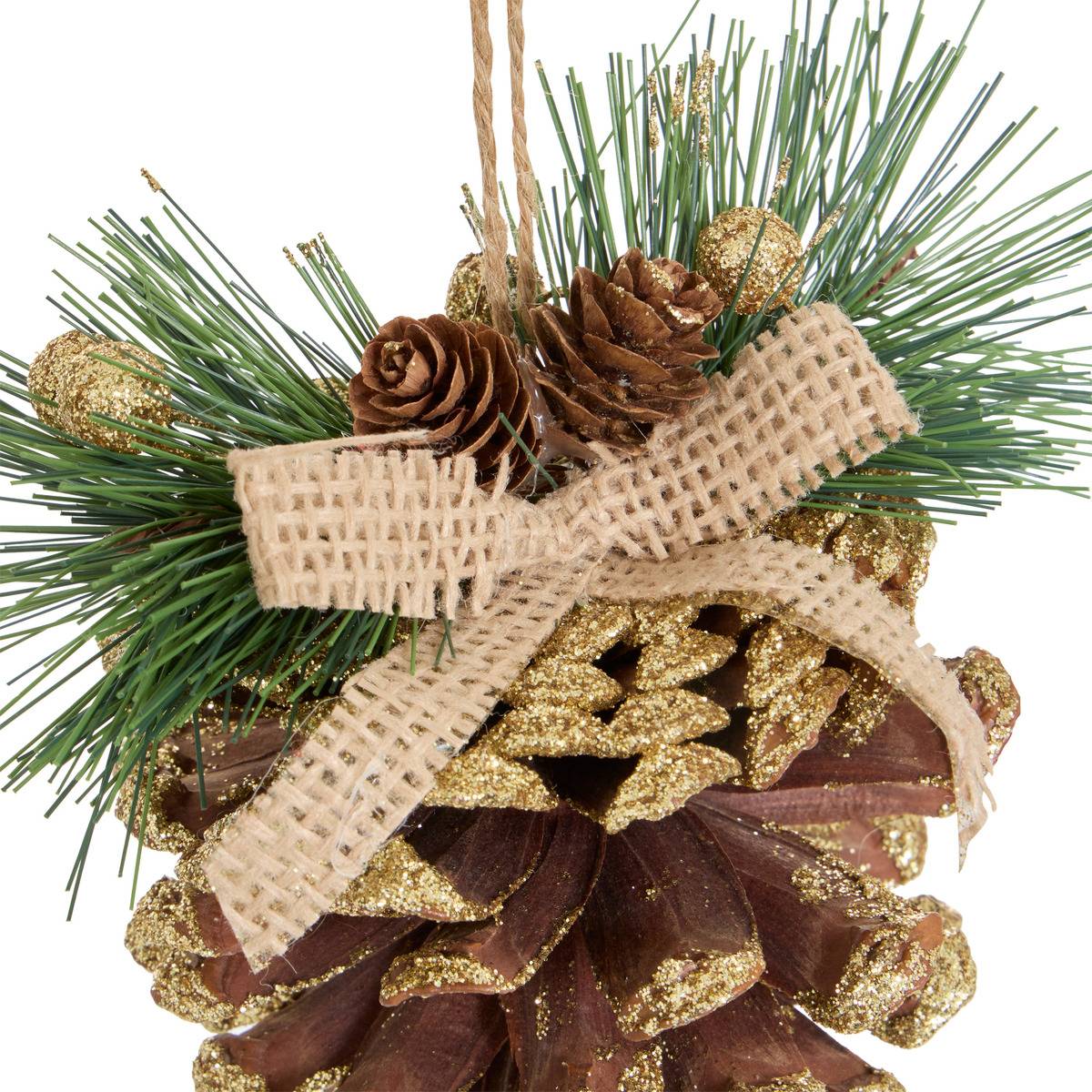 Suspension de sapin pomme de pin et nœud pailleté doré 13 cm dore, ATMOSPHERA