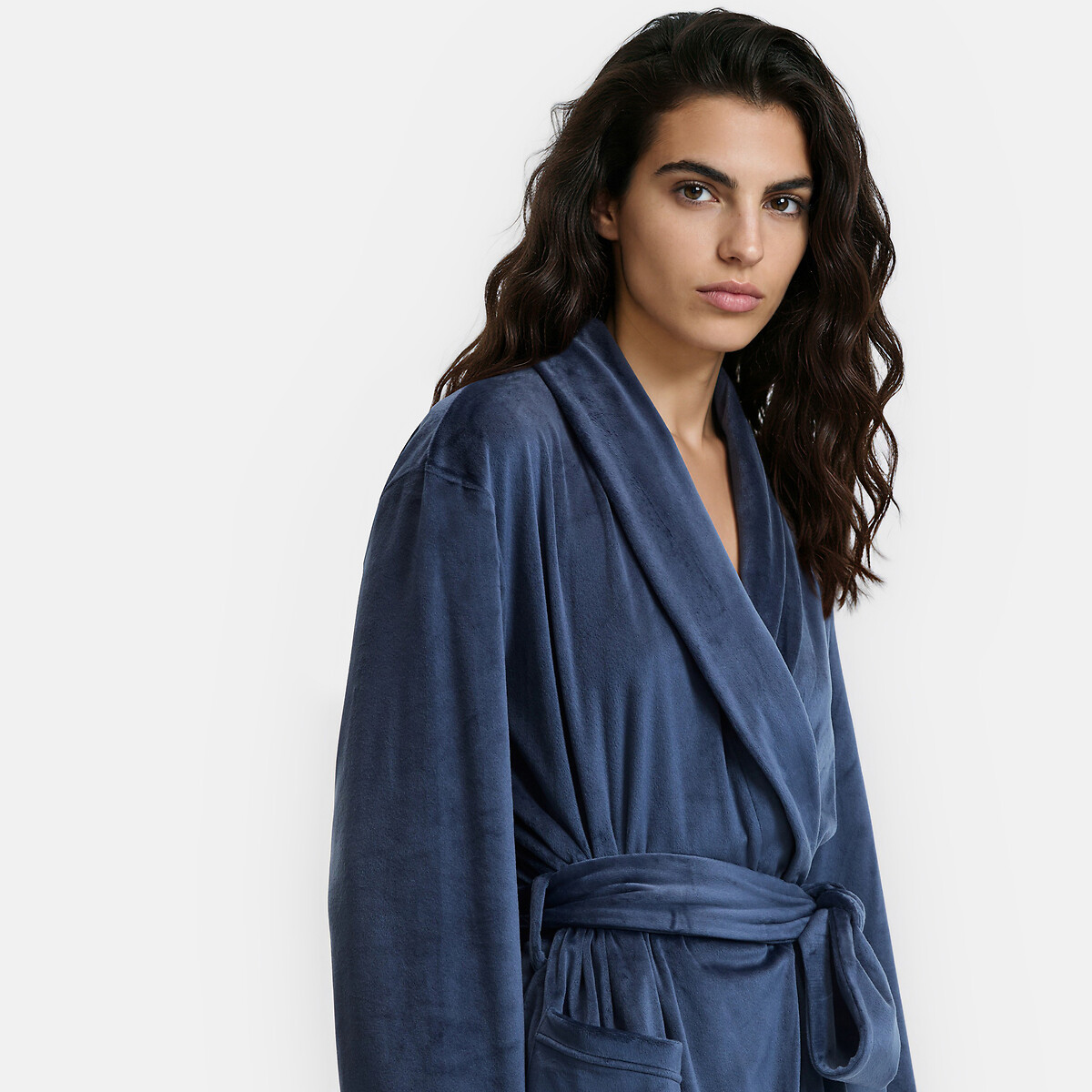 Satin-look velour shawl collar bathrobe navy, ANNE WEYBURN