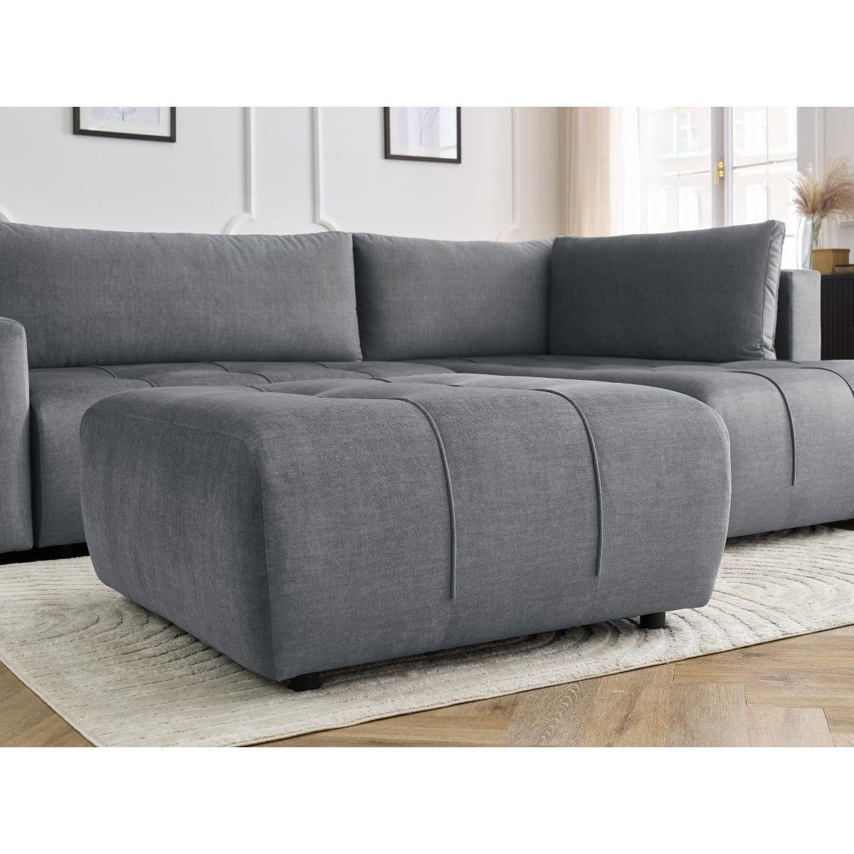 Canapé d'angle convertible 4 places en velours avec pouf, ARSENE gris foncé, BOBOCHIC