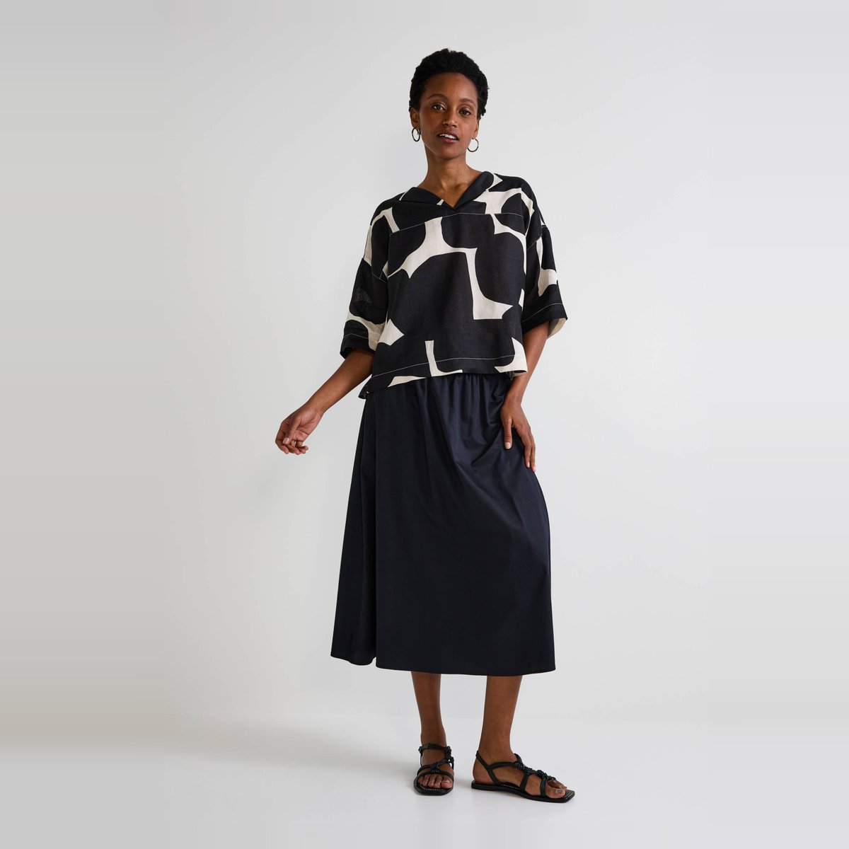 Jupe midi taille smockée unie en coton BIO GOTS noir, MONOPRIX
