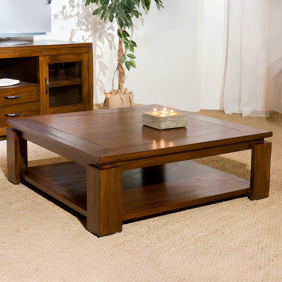 Table basse carrée 90cm style exotique double plateau bois mindi verni LOLA bois naturel, PIER IMPORT