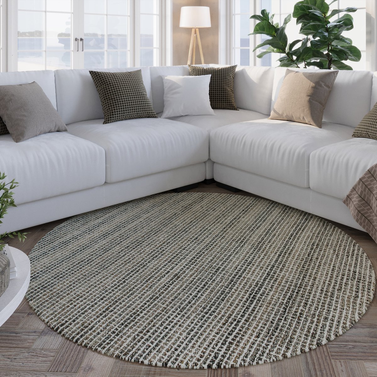 Tapis rond minimaliste à maille fine , Hamptons FOURTEEN gris marron, chiné, WECON HOME