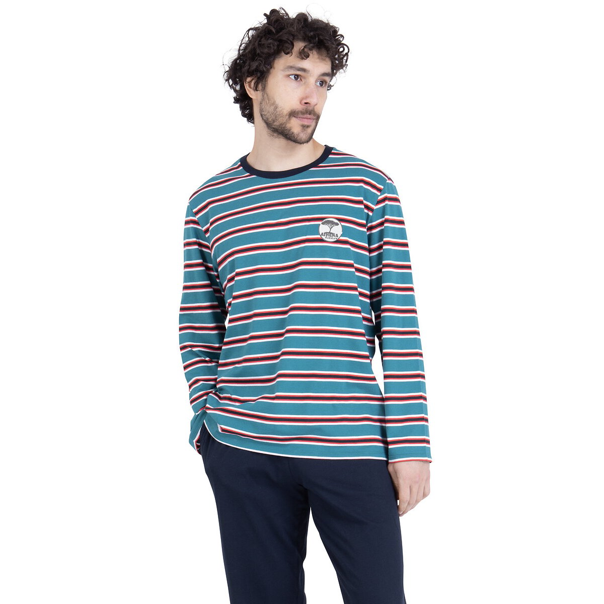 Pigiama lungo, in cotone, maglietta a righe rigato verde/marine, ATHENA
