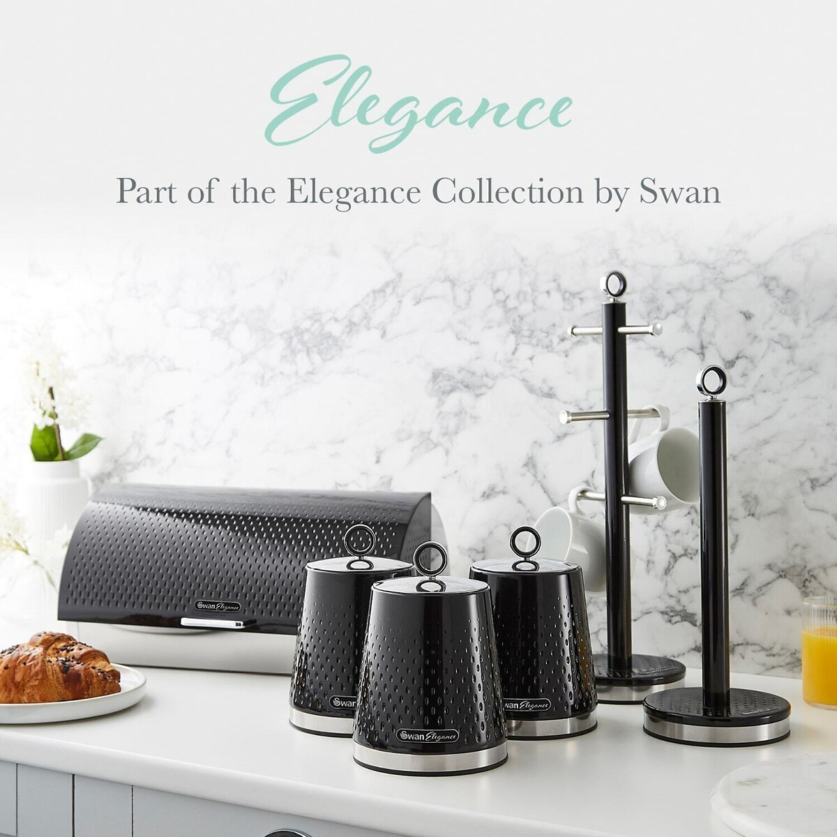 Set of 3 Elegance Tea Coffee Sugar Canisters black, SWAN