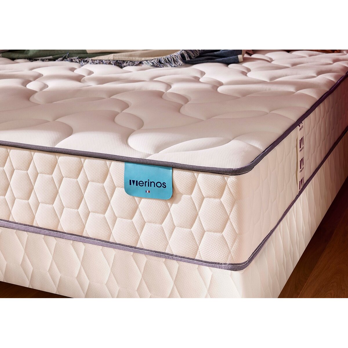 Set di materasso con 580 molle insacchettate a 3 zone e base letto, COSY LIT 2 bianco, MERINOS