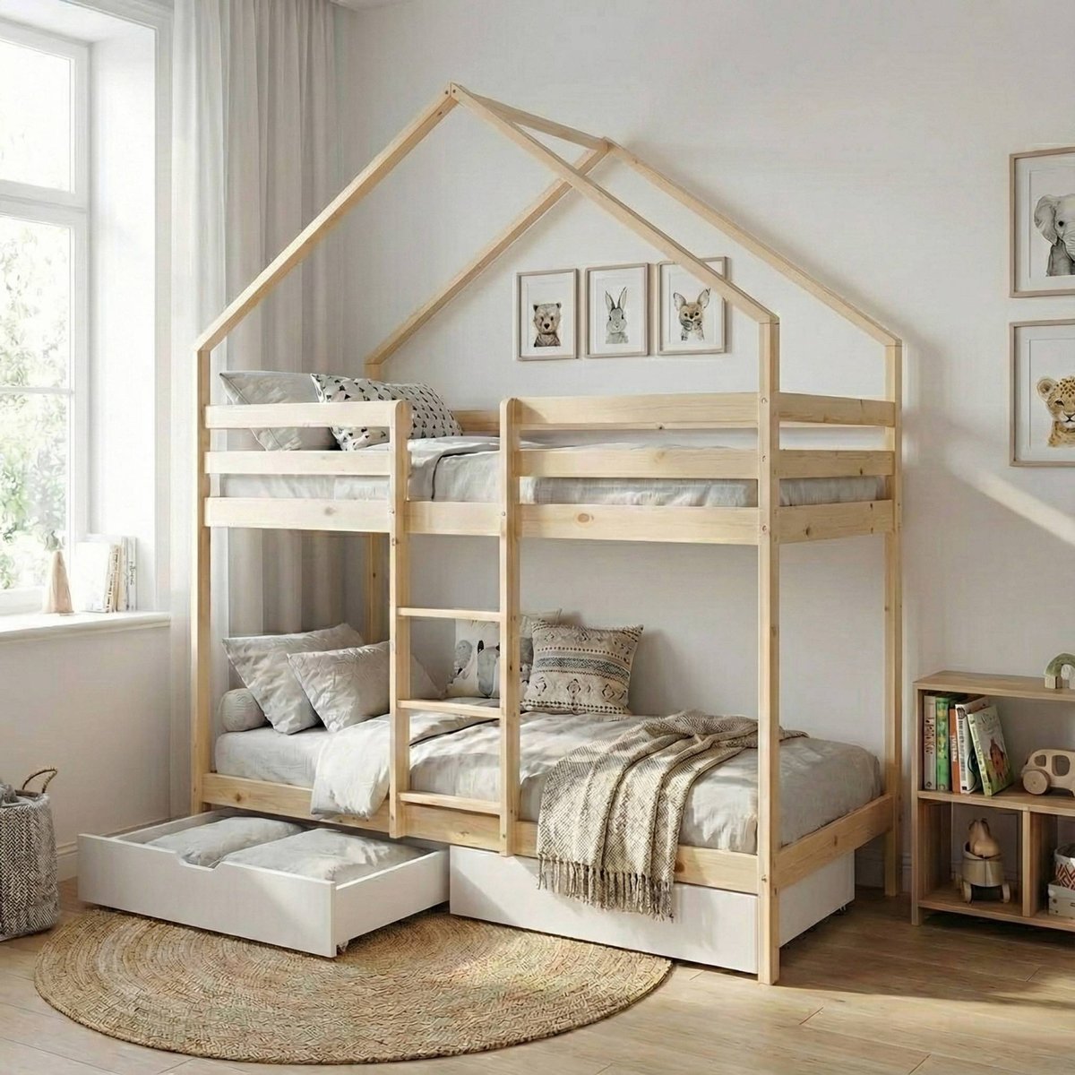 Lit enfant superposé cabane 90 x 190 cm pin naturel avec tiroirs de rangement ROYA blanc, SWEEEK