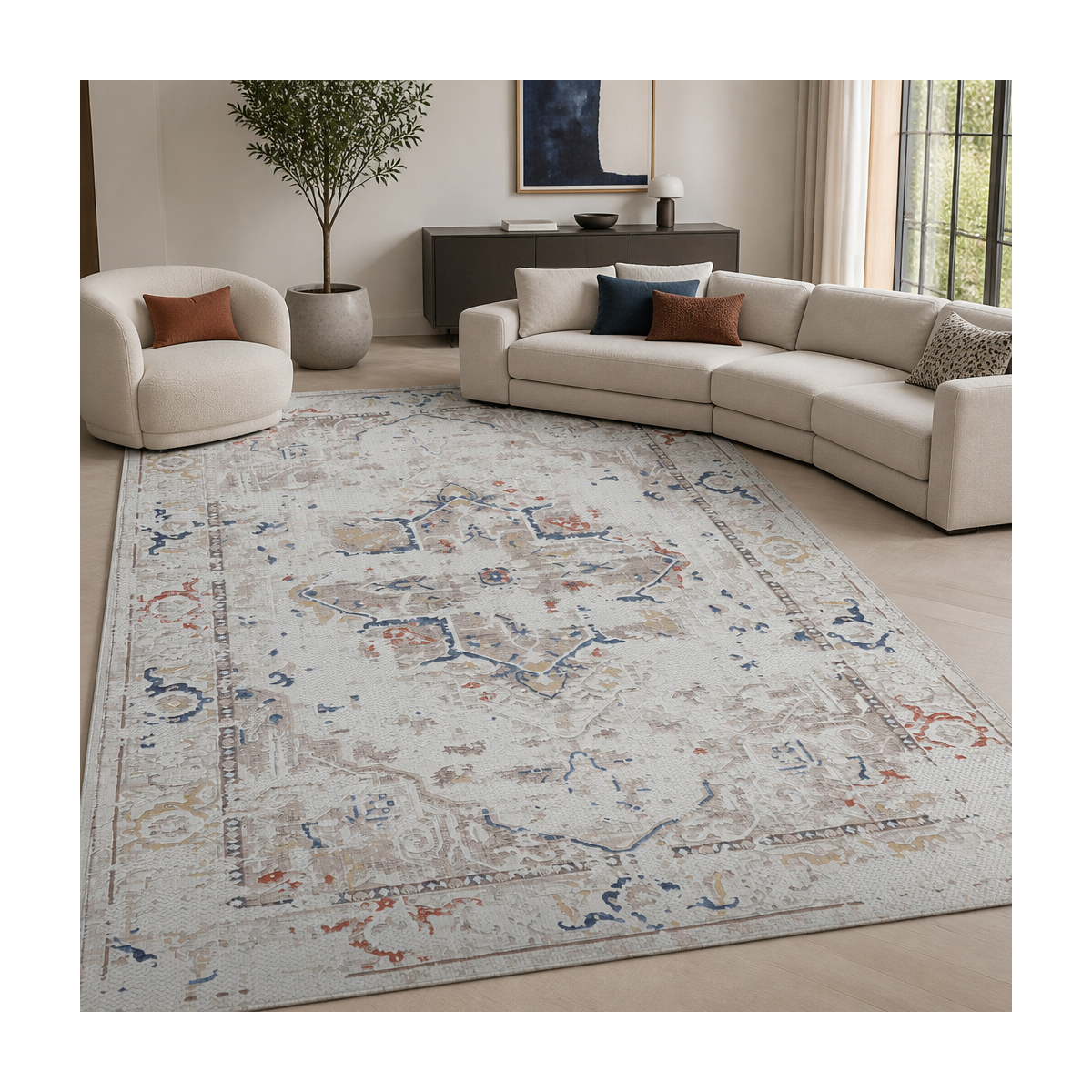 Tapis d'orient, motif oriental, LYN55 SAMARA crème, beige, bleu, UN AMOUR DE TAPIS