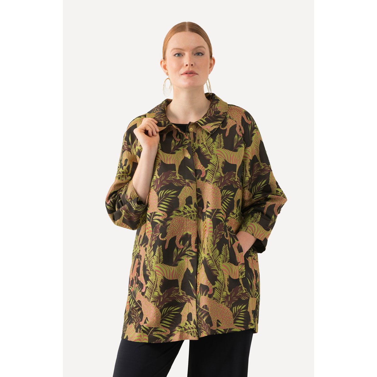 Veste à col chemise, tissu Jacquard à motif noir, ULLA POPKEN