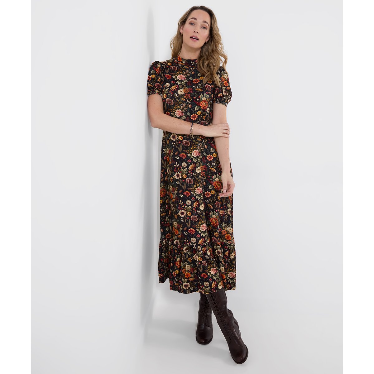 Robe Longue en Jersey à Col Montant Fleurs d'Automne noir, JOE BROWNS