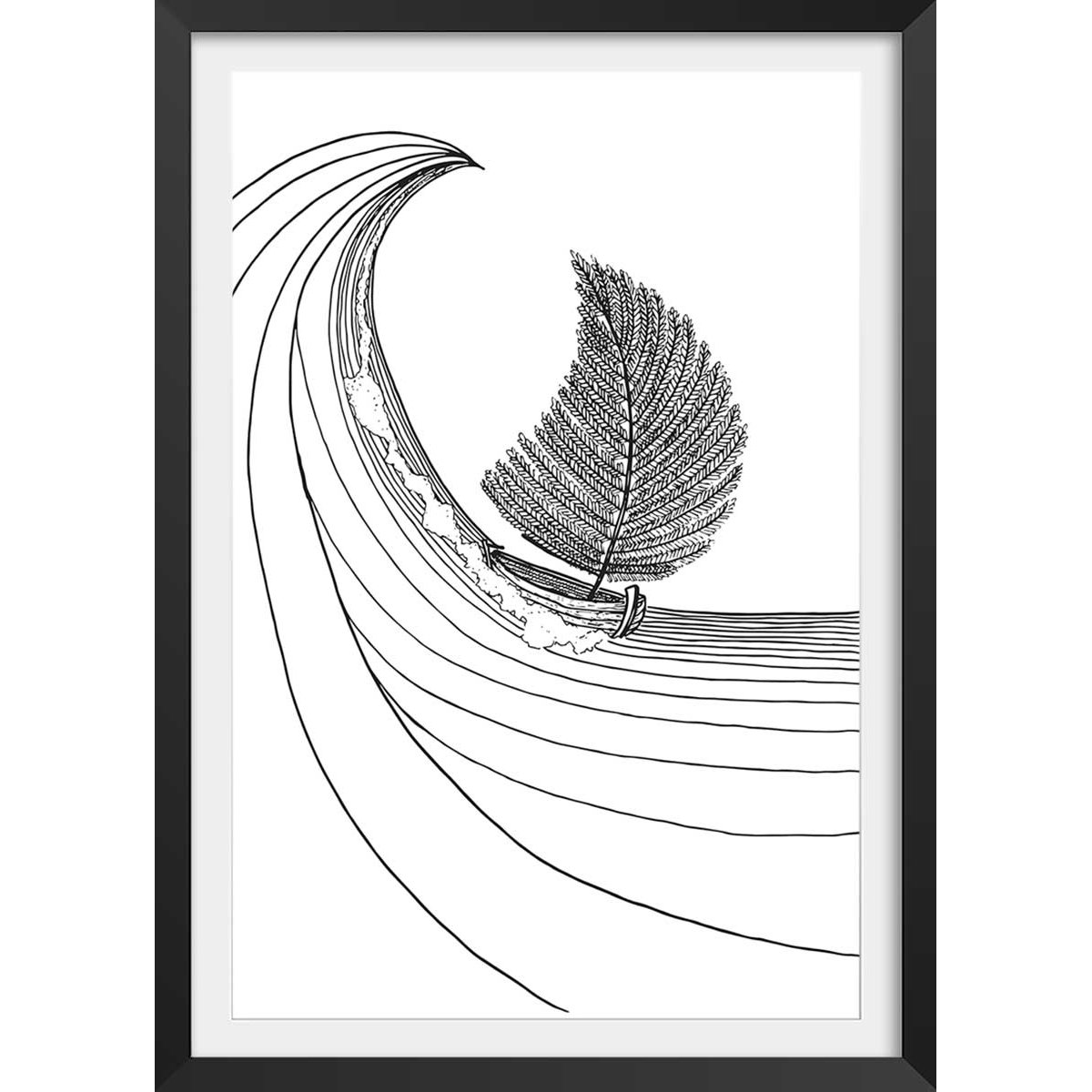 Poster voilier fougeres affiche + cadre en bois - noir, HEXOA
