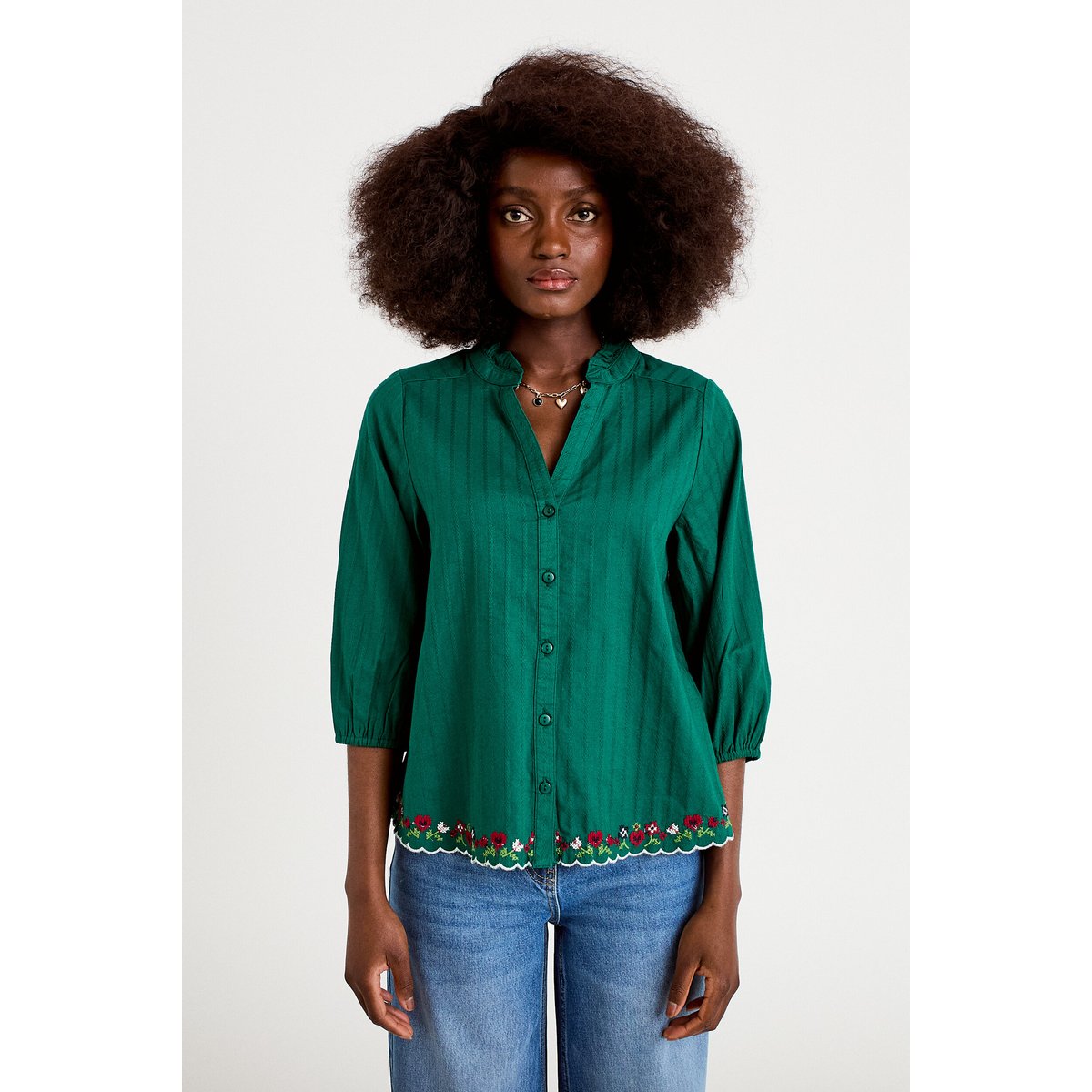 Blouse broderie col v manches 3/4 vert foncé, CACHE CACHE