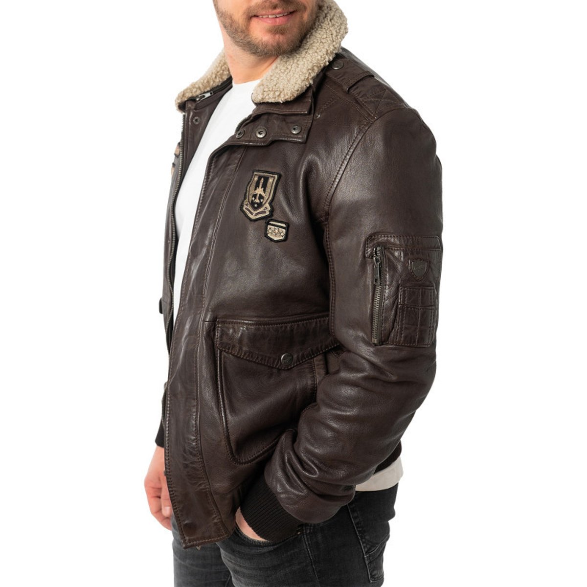 Blouson en cuir de mouton brun uni avec une coupe droite et un col à revers brun, GIPSY