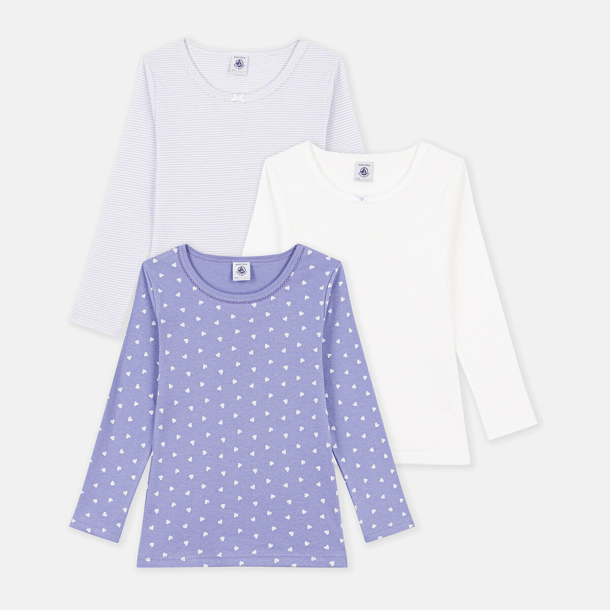 Set van 3 T-shirts met lange mouwen wit+blauw+gestreept, PETIT BATEAU