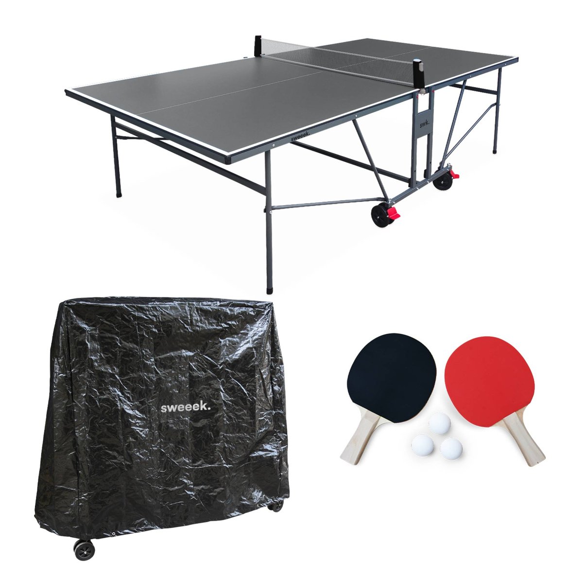 Table de ping pong intérieure avec 2 raquettes 3 balles et housse de protection TABLE DE PING PONG INTÉRIEURE + HOUSSE DE PROTECTION gris, SWEEEK