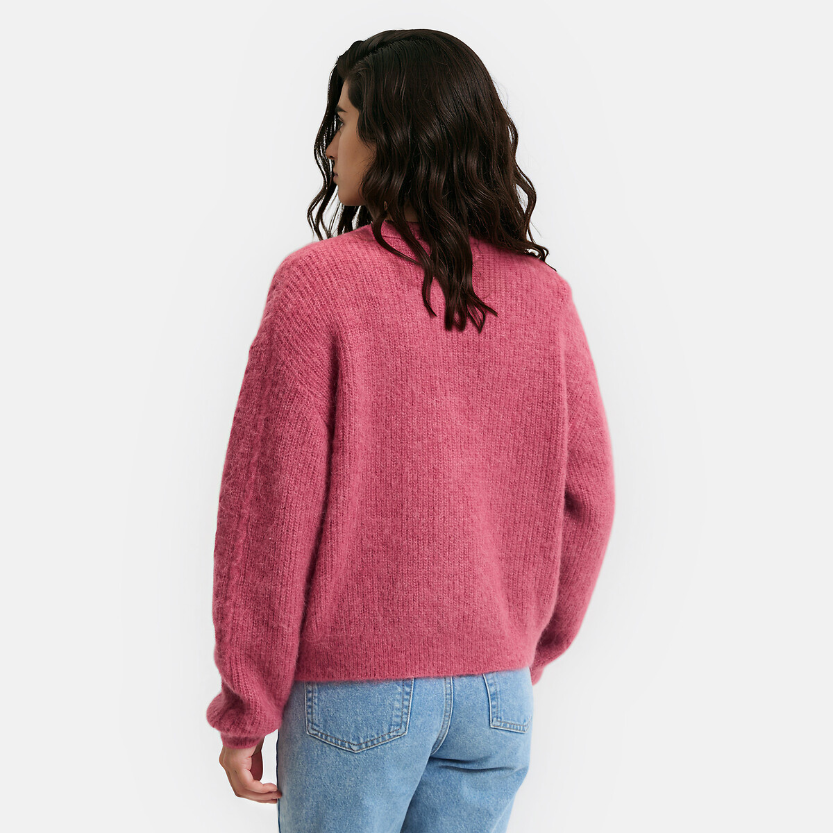 Cardigan col rond, torsadé, en alpaga mélangé rose, LA REDOUTE COLLECTIONS