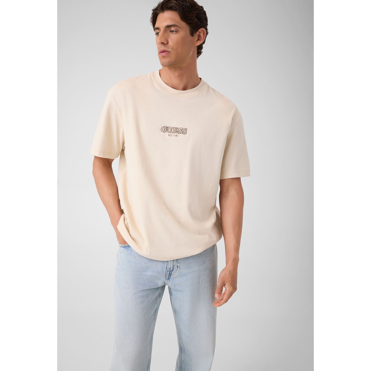T-Shirt Avec Logo Brodé beige, GUESS