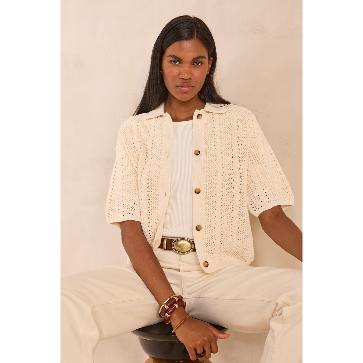 Gilet maille à manches courtes en coton mélangé ADELE creme, Maison 123