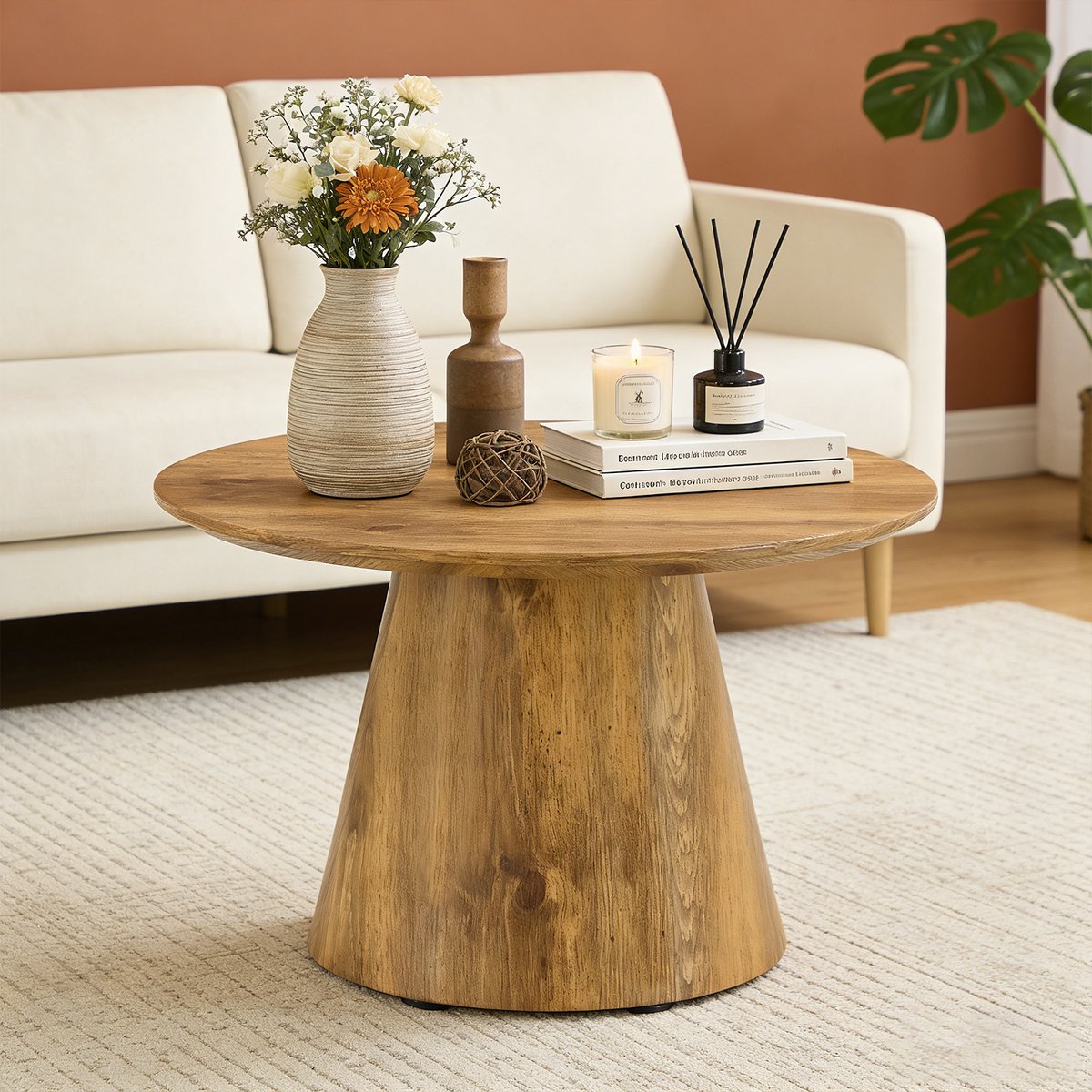 Table basse effet bois ronde scandinave, CONEA medium oak, MEUBLES COSY