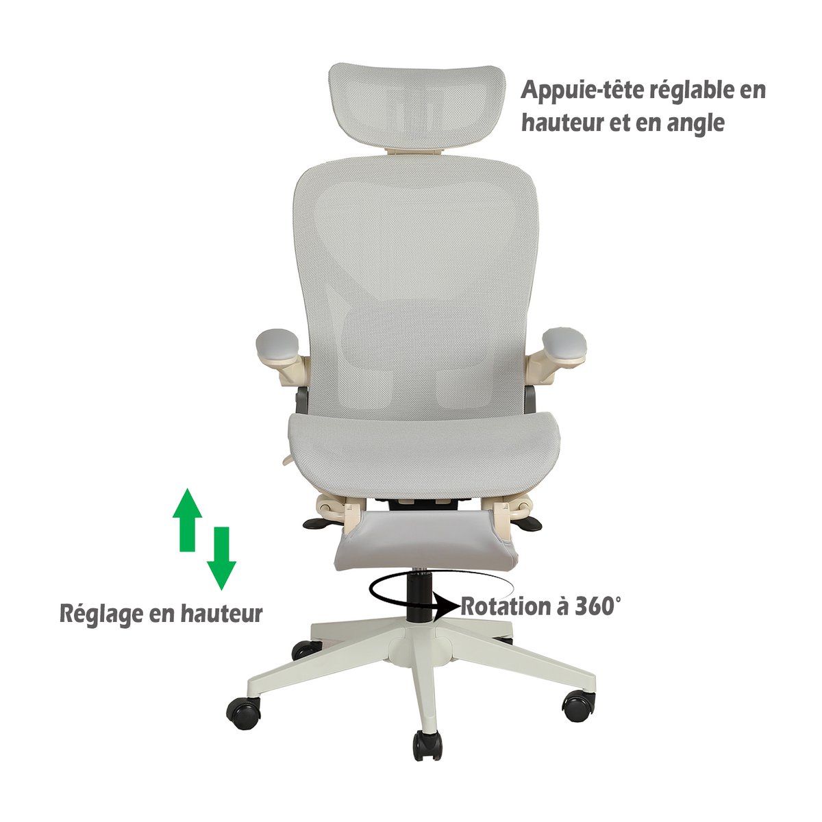 Chaise de bureau ergonomique en maille, VONGER MESH gris, MEUBLES COSY