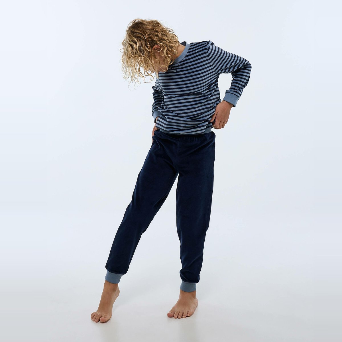 Pyjama velours manches longues marinière contient du coton BIO GOTS marine, MONOPRIX