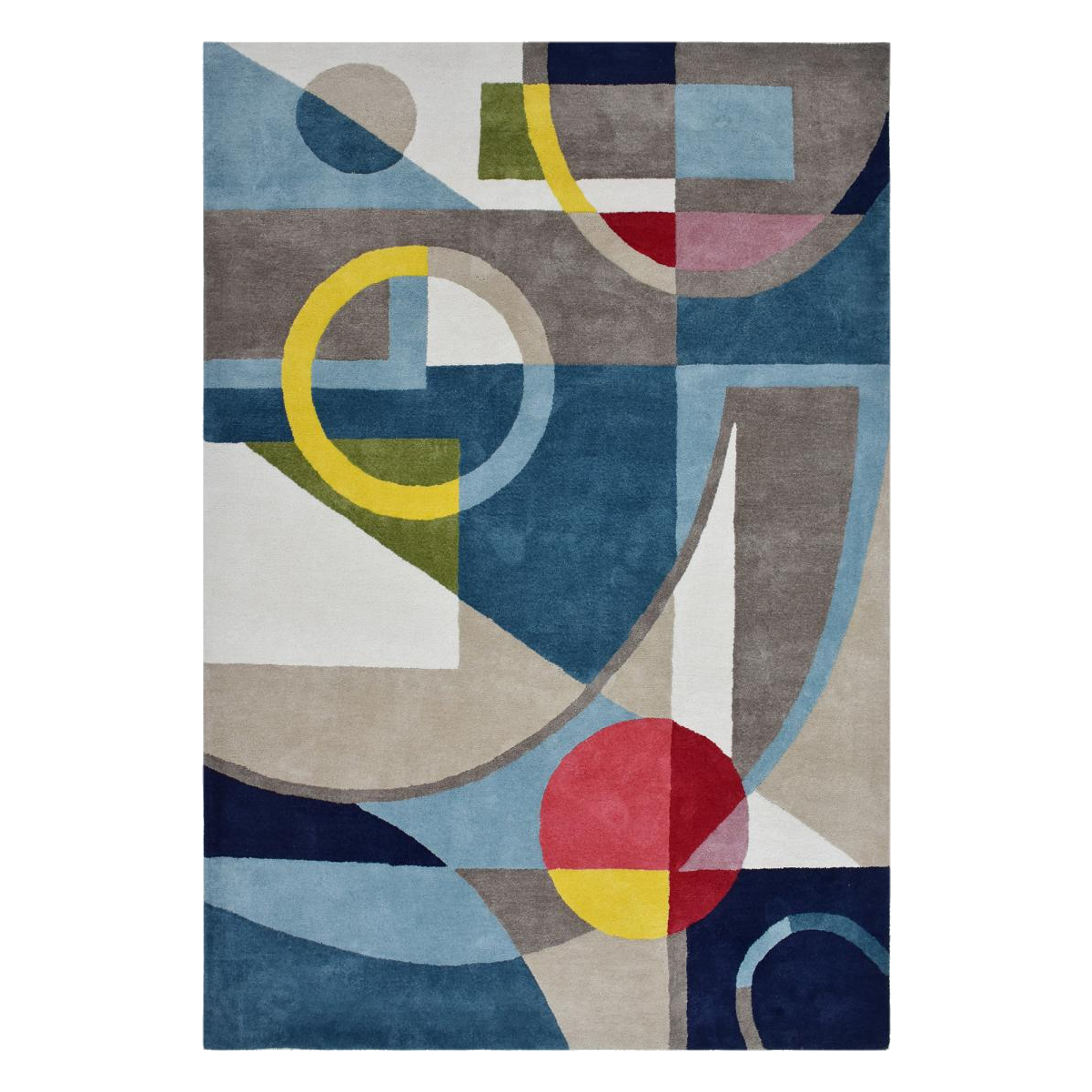 Tapis salon et chambre fait à la main en coton BIO CONTEMPORAIN bleu, gris, rouge, jaune, UN AMOUR DE TAPIS
