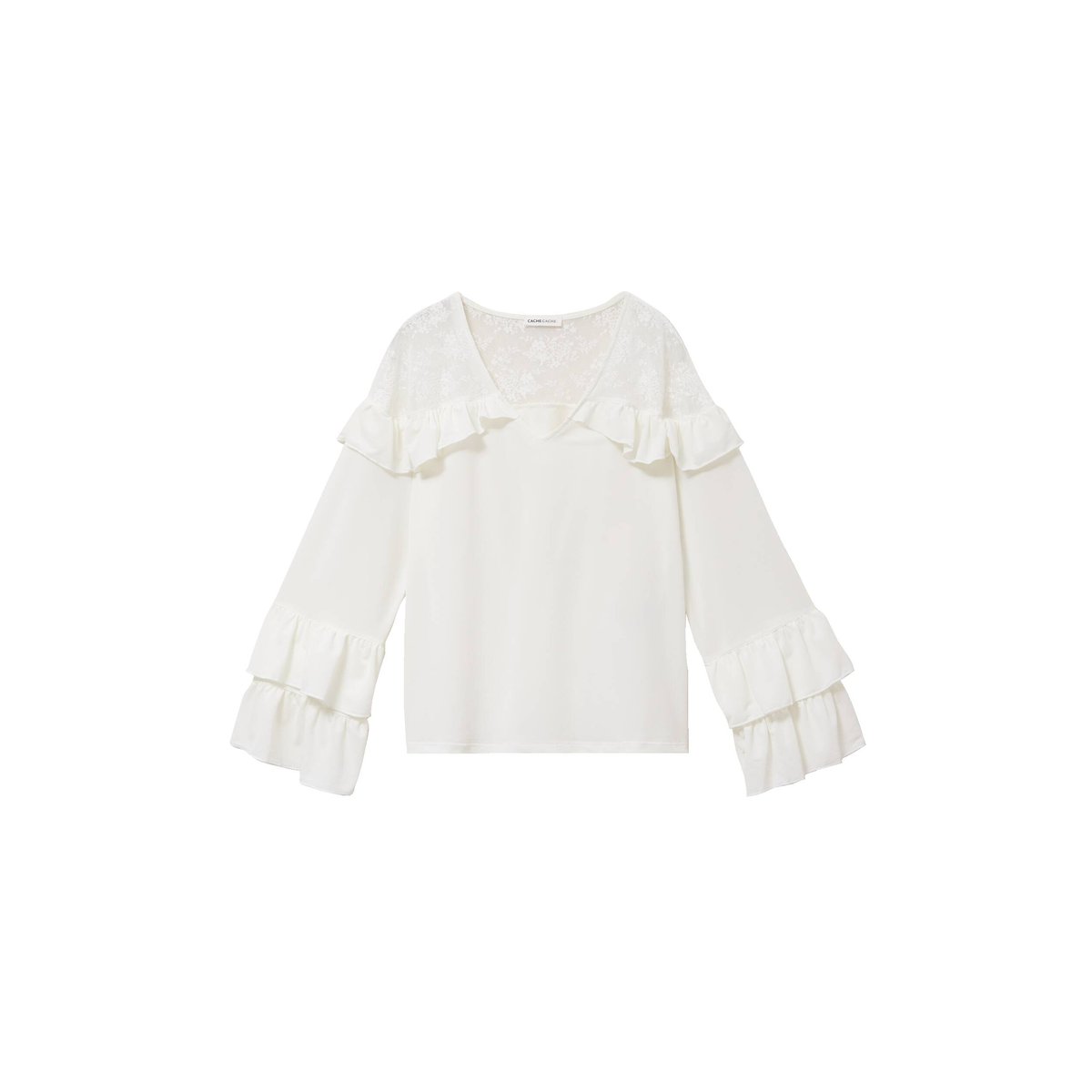 Blouse col v manches longues dentelle ecru, CACHE CACHE