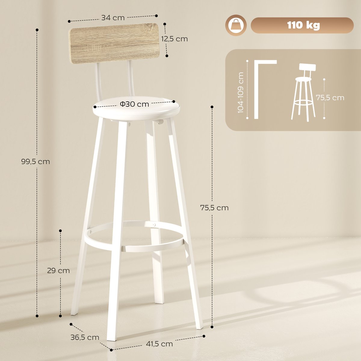 Tabouret de bar Panneau de particules Bois bois naturel et blanc, HOMCOM