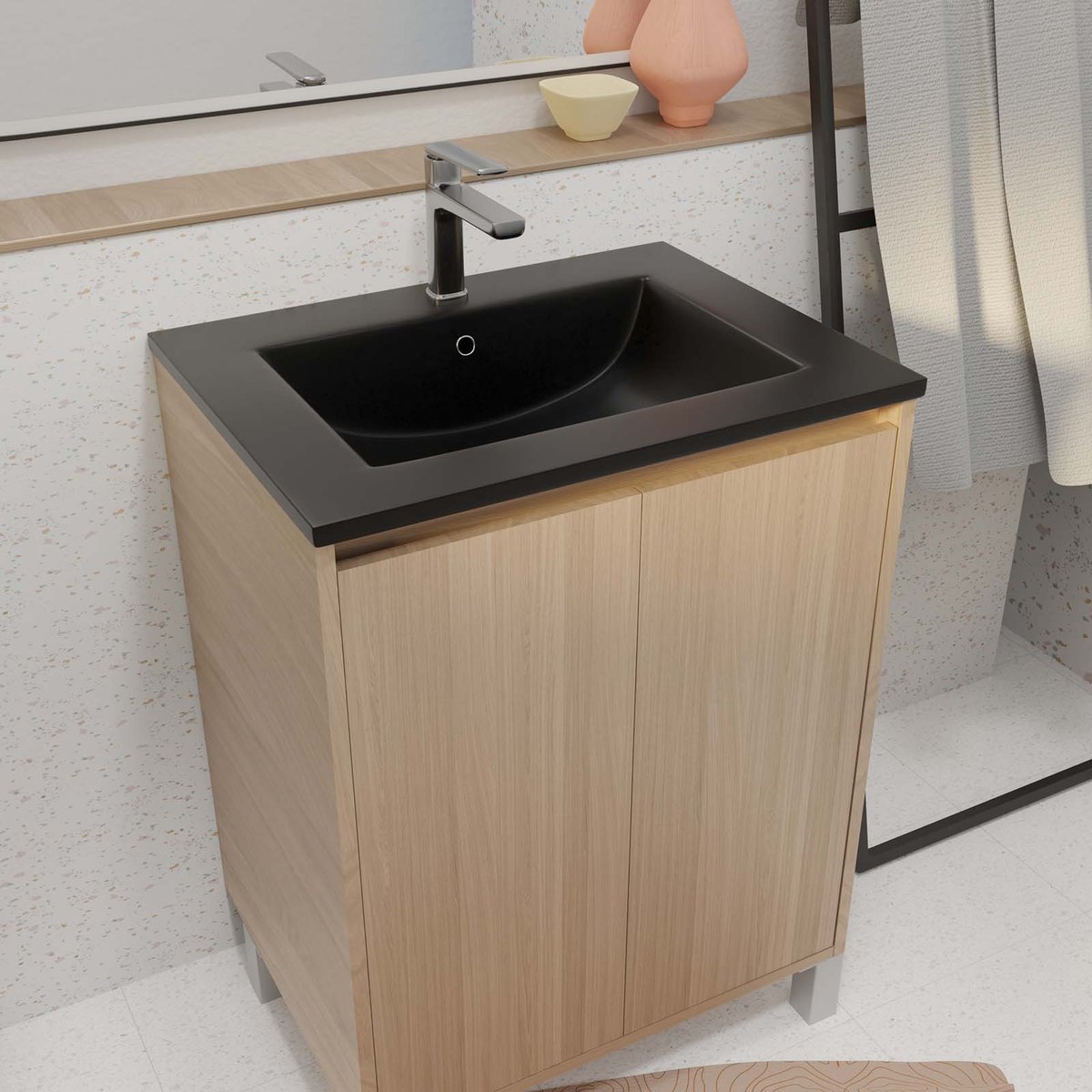 Meuble de salle de bains sur pieds avec 2 portes et vasque noir, HOME MAISON