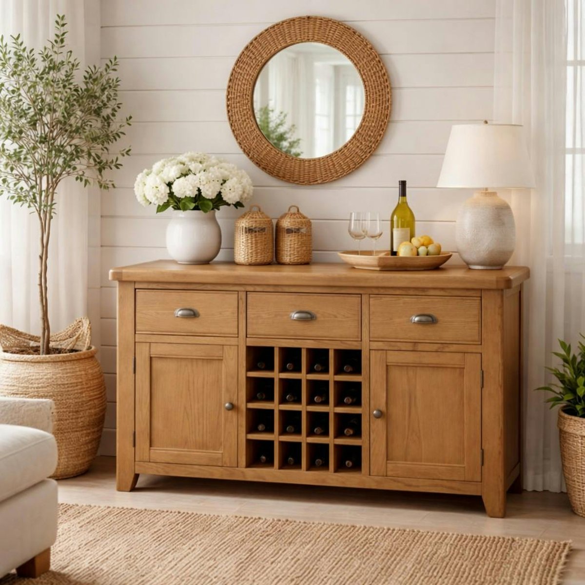 Buffet chêne campagne chic avec casier bouteilles VALMONT bois naturel, PIER IMPORT