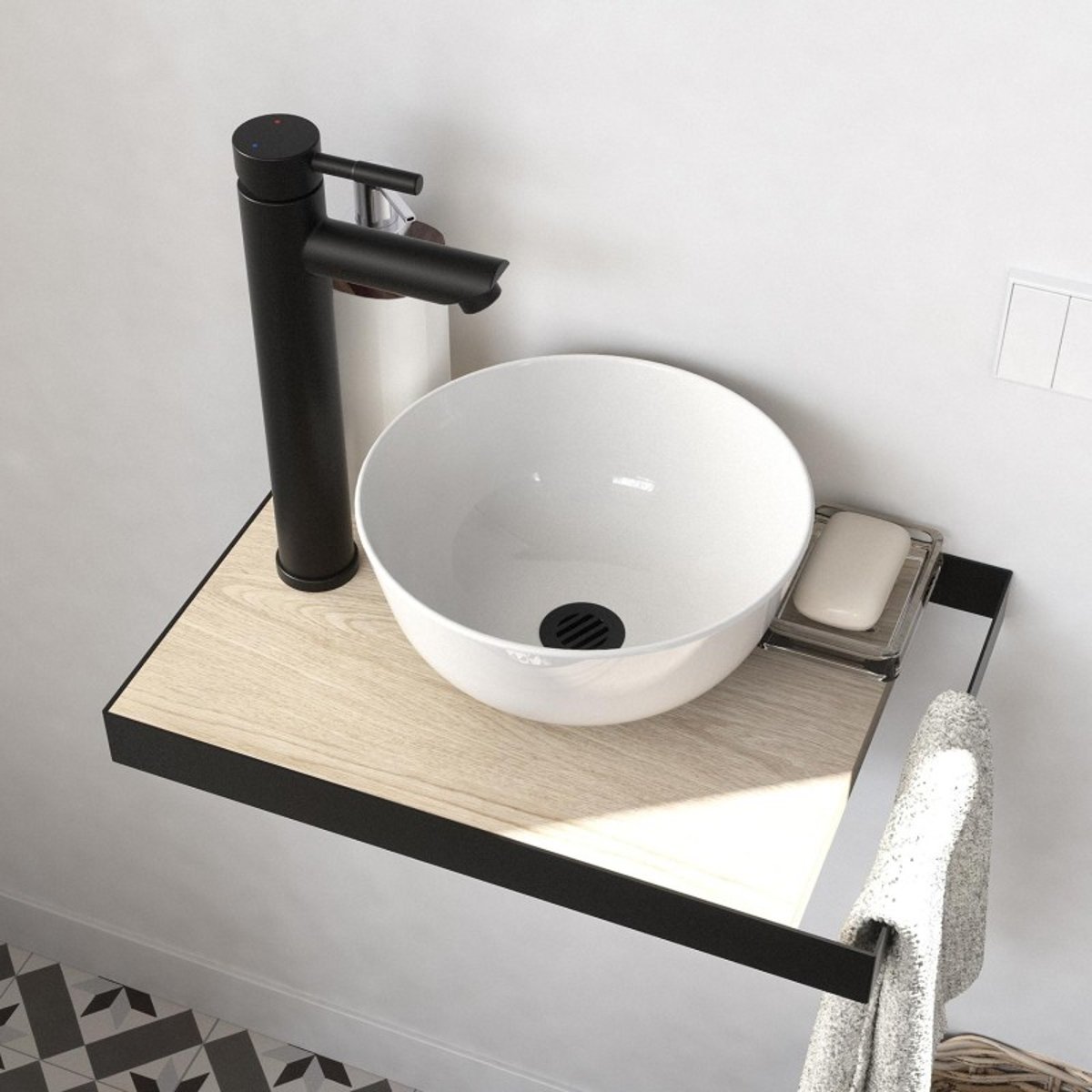 Lave-mains plan fin + vasque + robinet SOHO décor chêne, MOB IN
