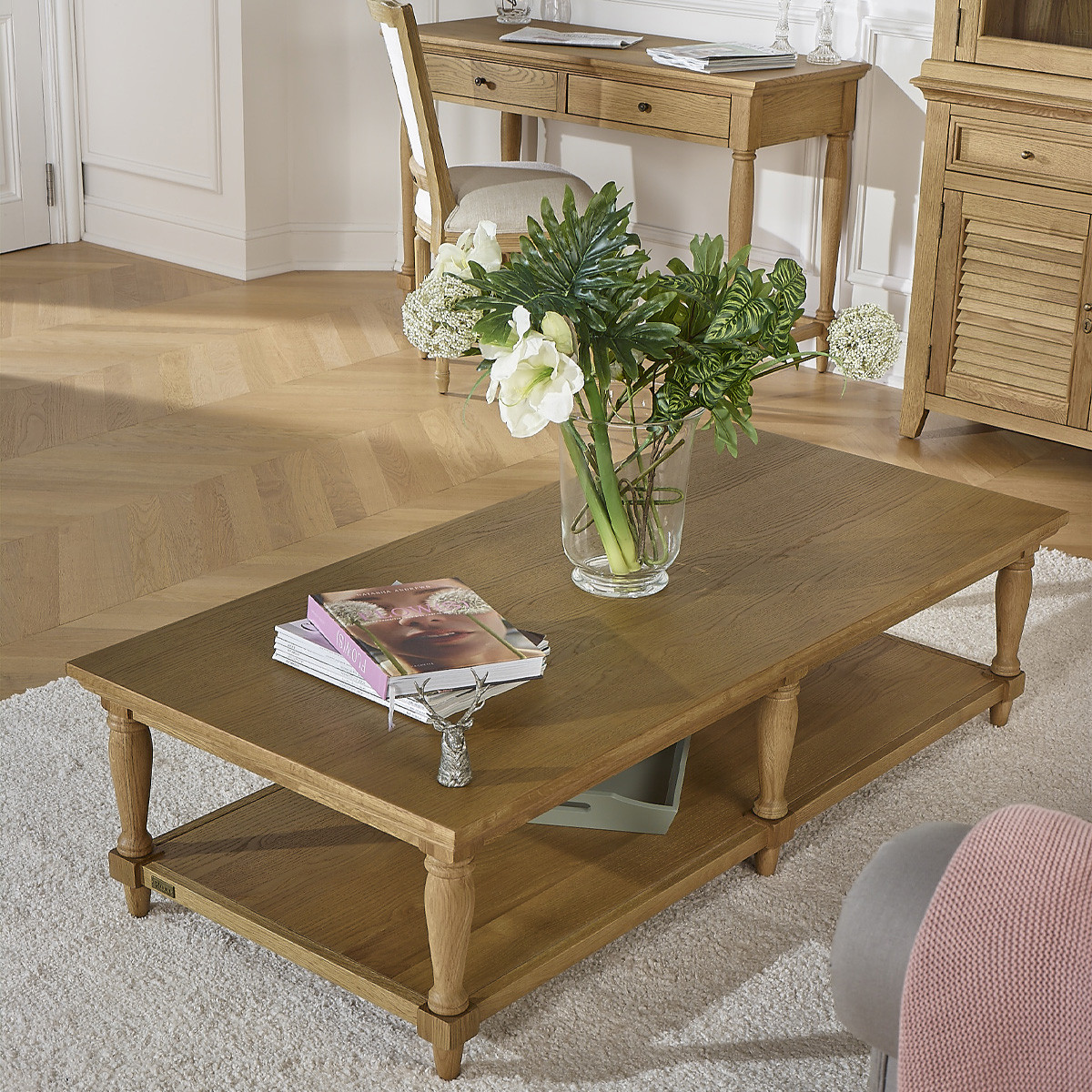 Longue table basse style shabby chic en chêne EDINBURGH marron, ROBIN DES BOIS