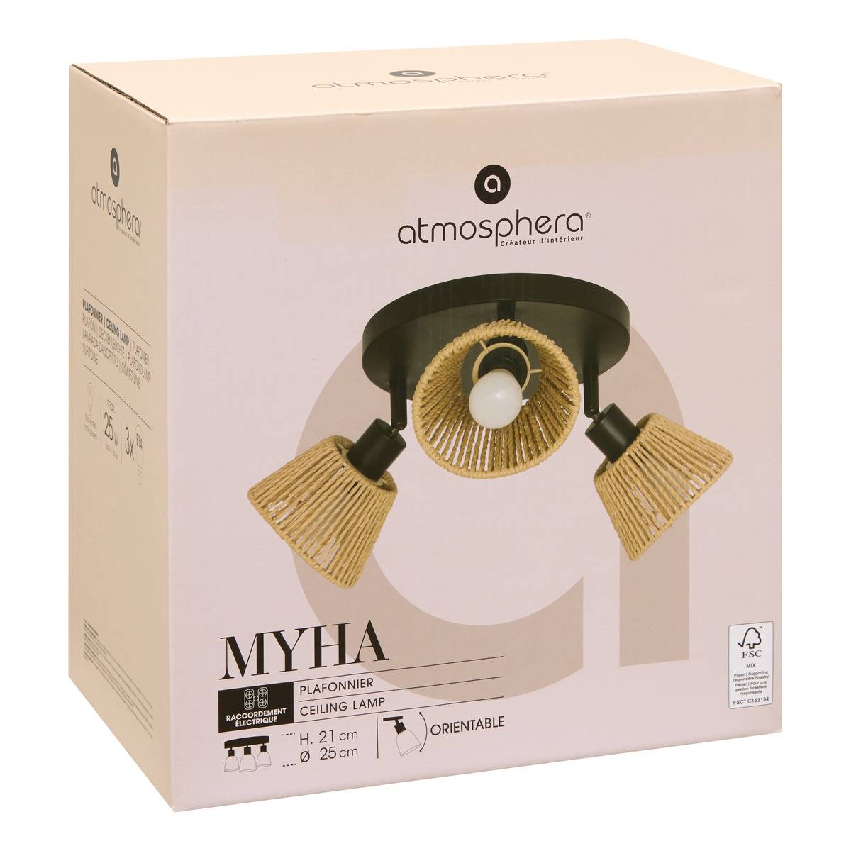 Plafonnier 3 spots orientables en papier tressé MYHA beige, ATMOSPHERA