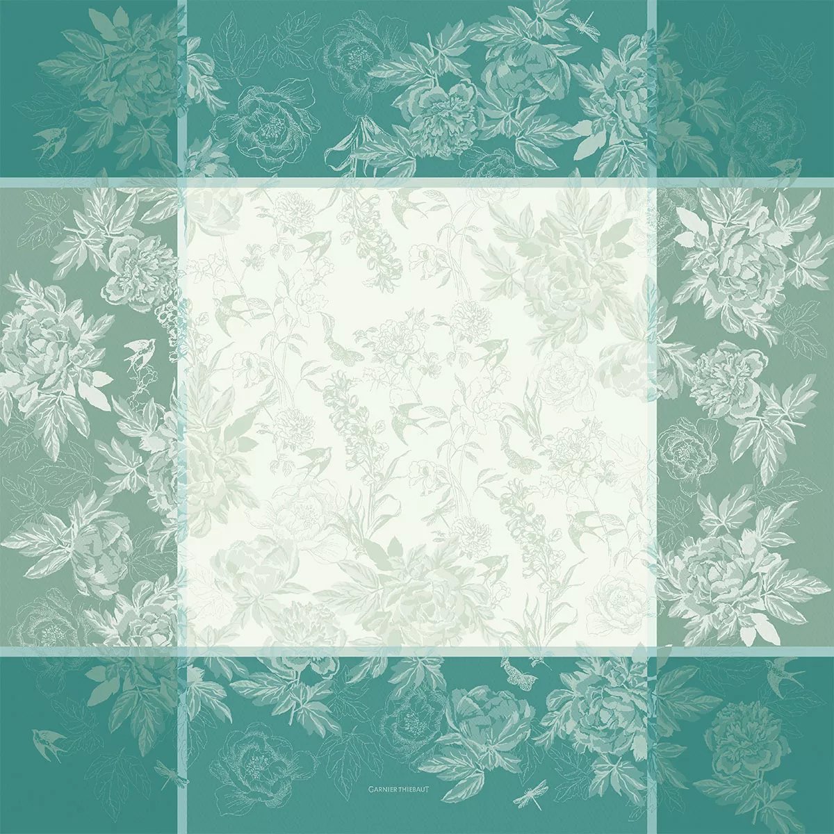 Nappe pur coton antitache JARDIN DE PIVOINES vert, GARNIER-THIEBAUT