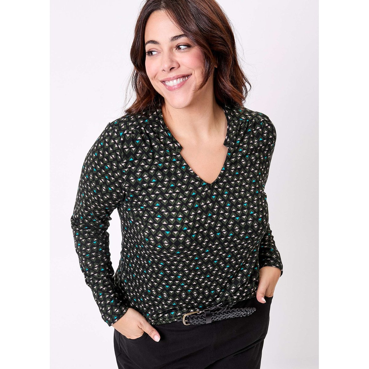 T-shirt imprimé fluide col V maille ORVAR noir turquoise, LA FIANCÉE