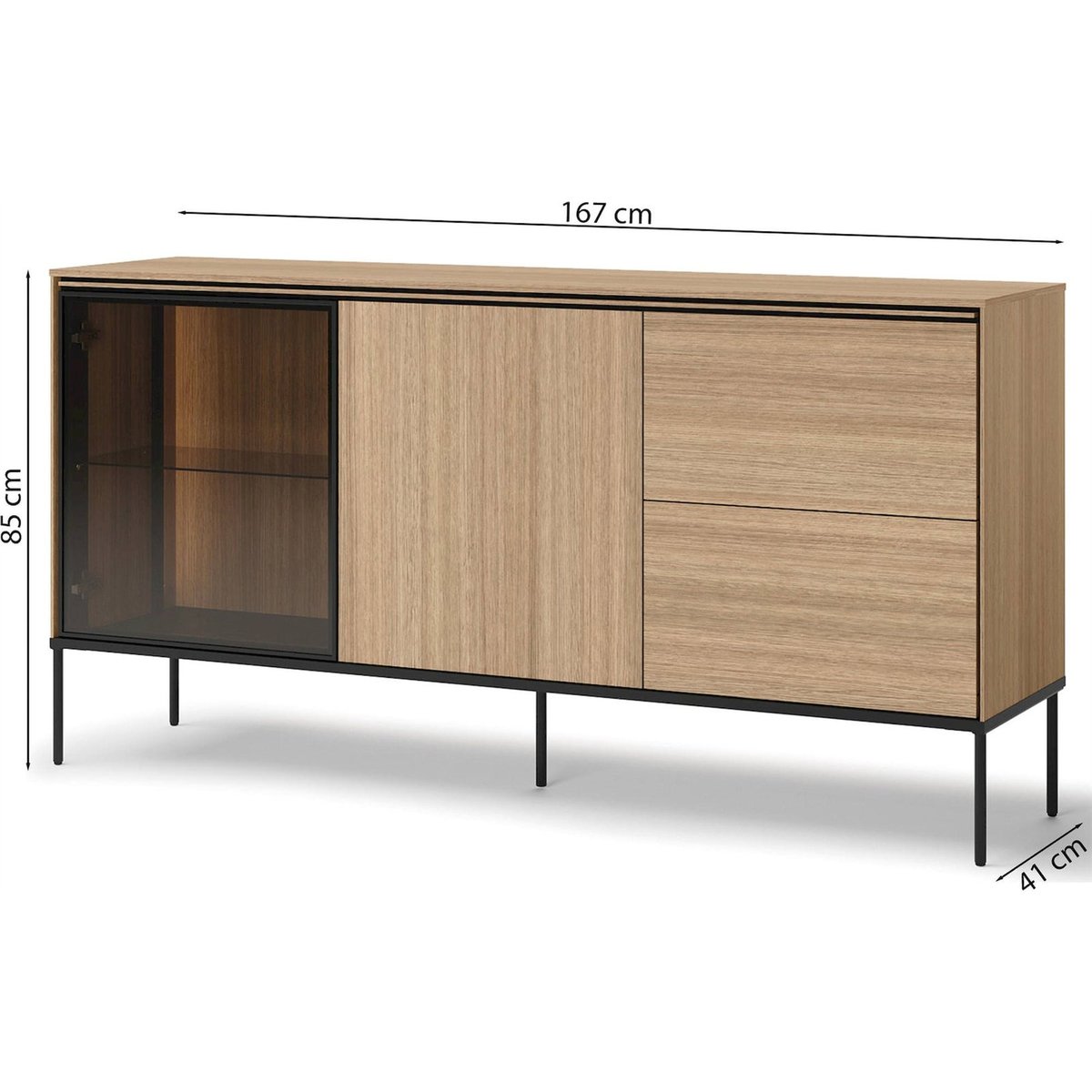 Buffet vitrine bois avec LED VISSO chêne linéaire et noir, RECOLLECTION