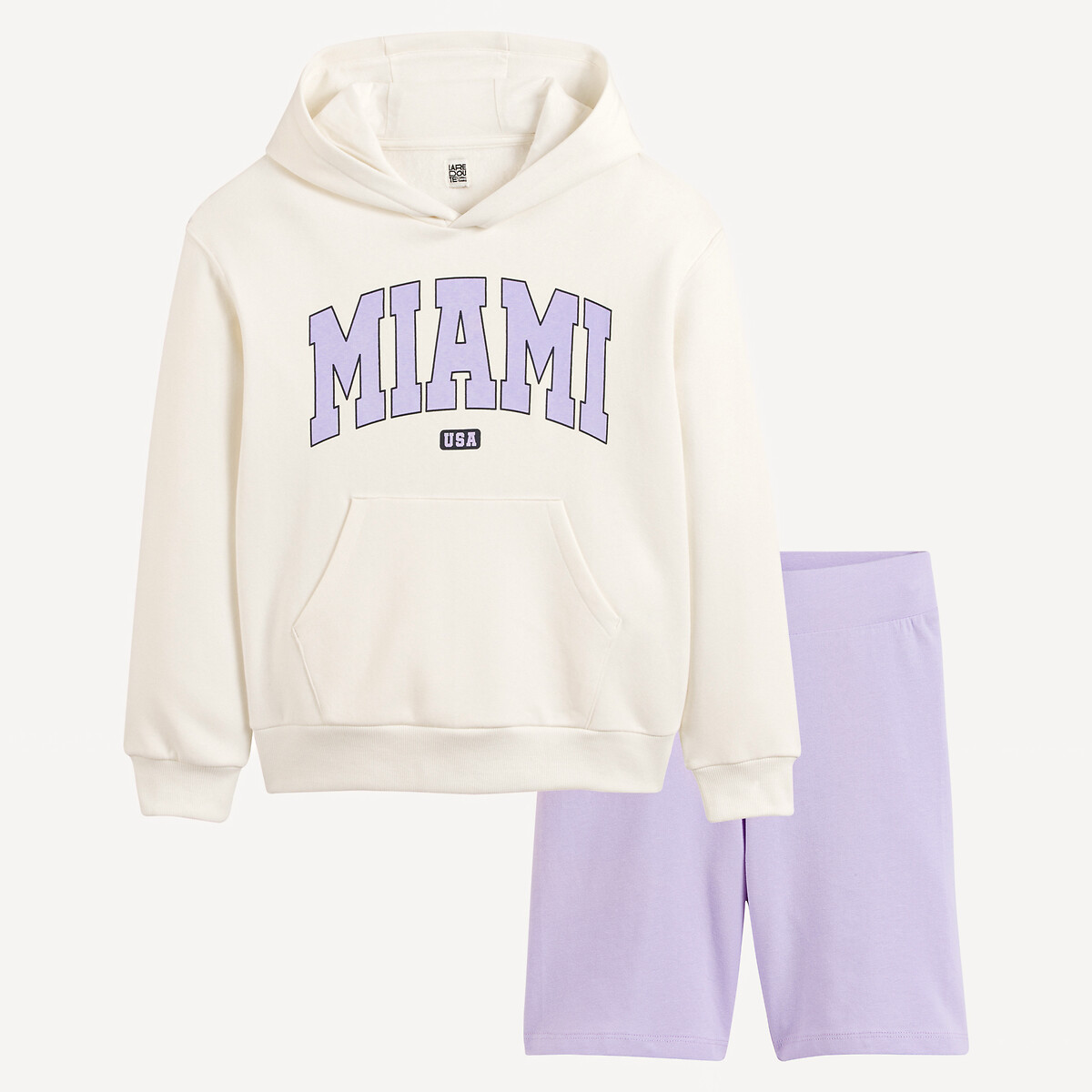 Conjunto de 2 peças, sweat com capuz e calções justos cru/violeta, LA REDOUTE COLLECTIONS