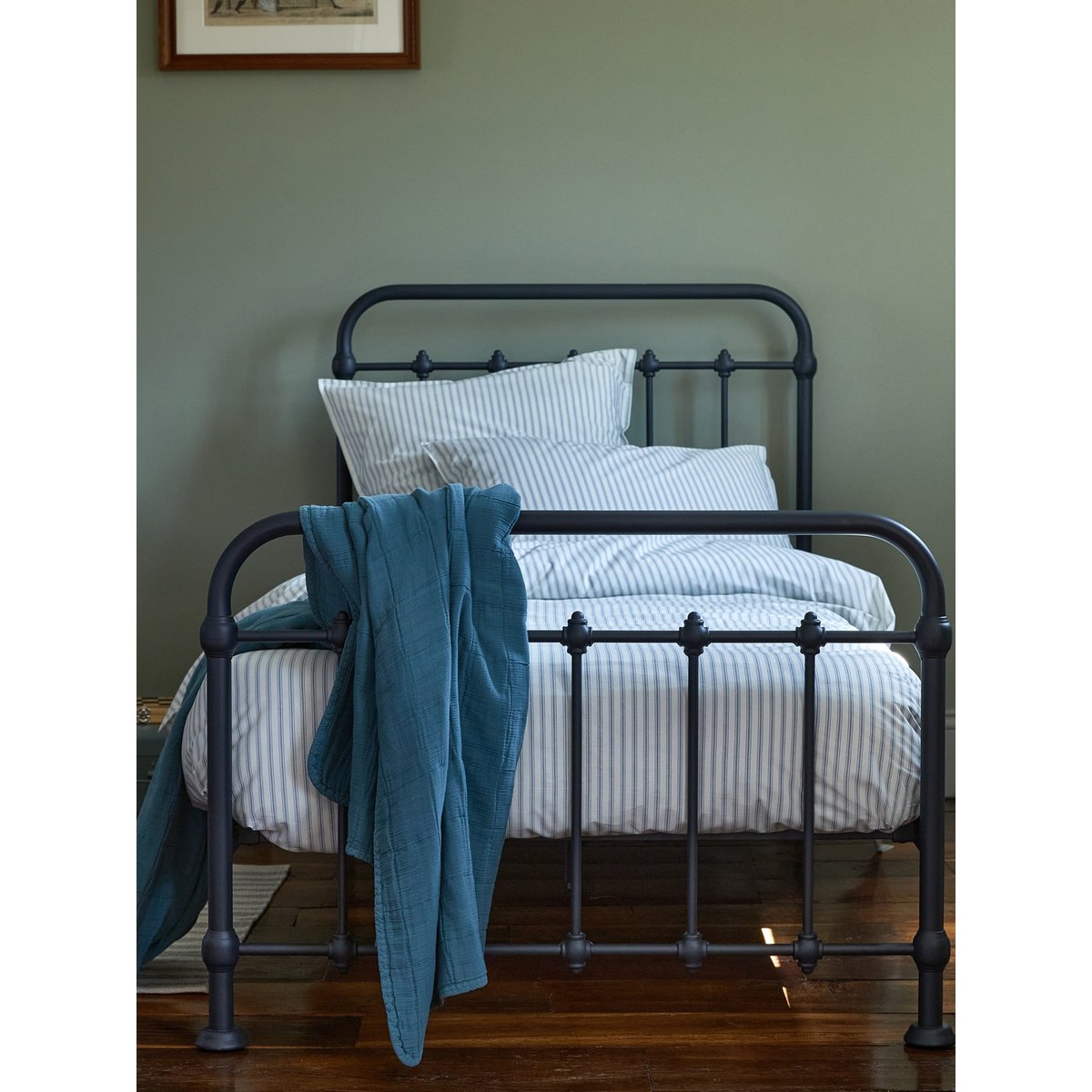 Housse de couette percale de coton "Coutil" rayure bico bleu, CYRILLUS