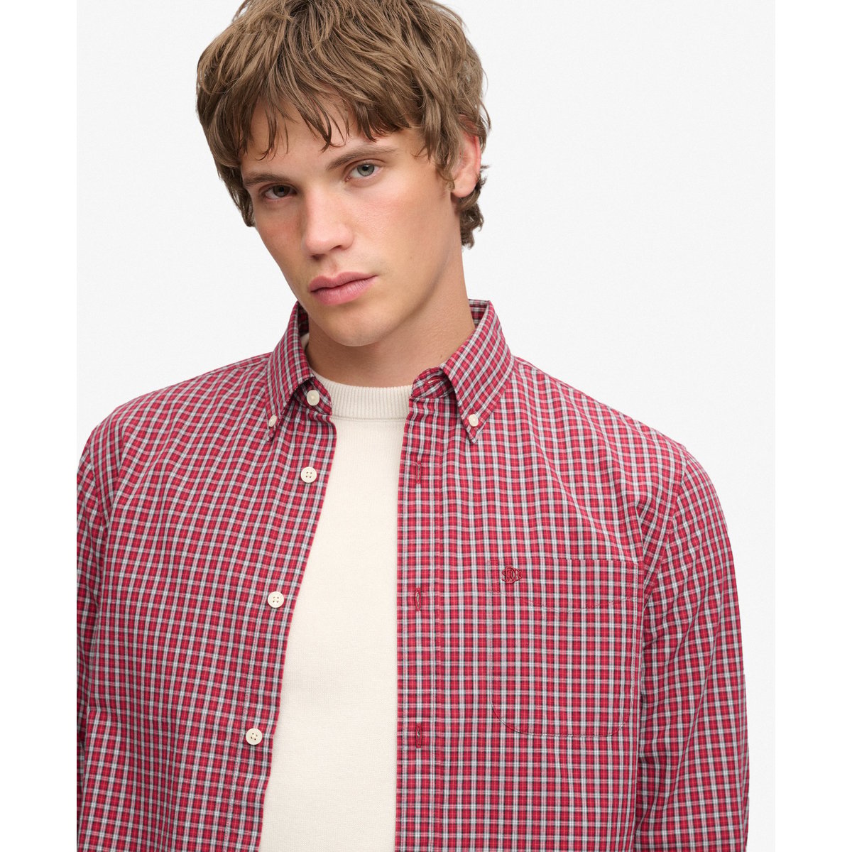 Chemise Preppy Poplin à Manches Longues carreaux rouges glen, SUPERDRY