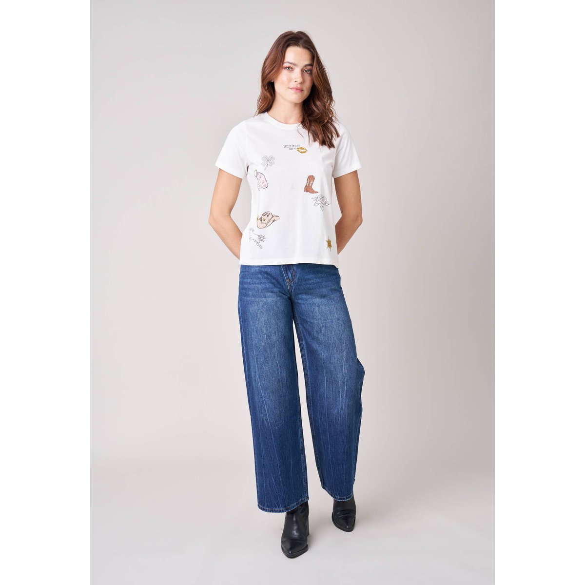 T-shirt regular femme en 100% coton jersey imprimé western COWGIRL off white, DEELUXE