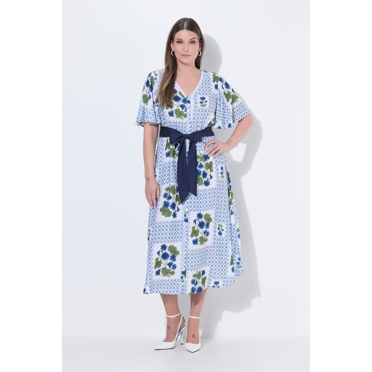 Robe maxi carreaux/fleurs blanc cassé, ULLA POPKEN