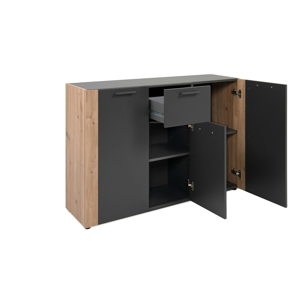 Buffet de rangement gris foncé 3 portes 1 tiroir ALVA bois naturel, PIER IMPORT