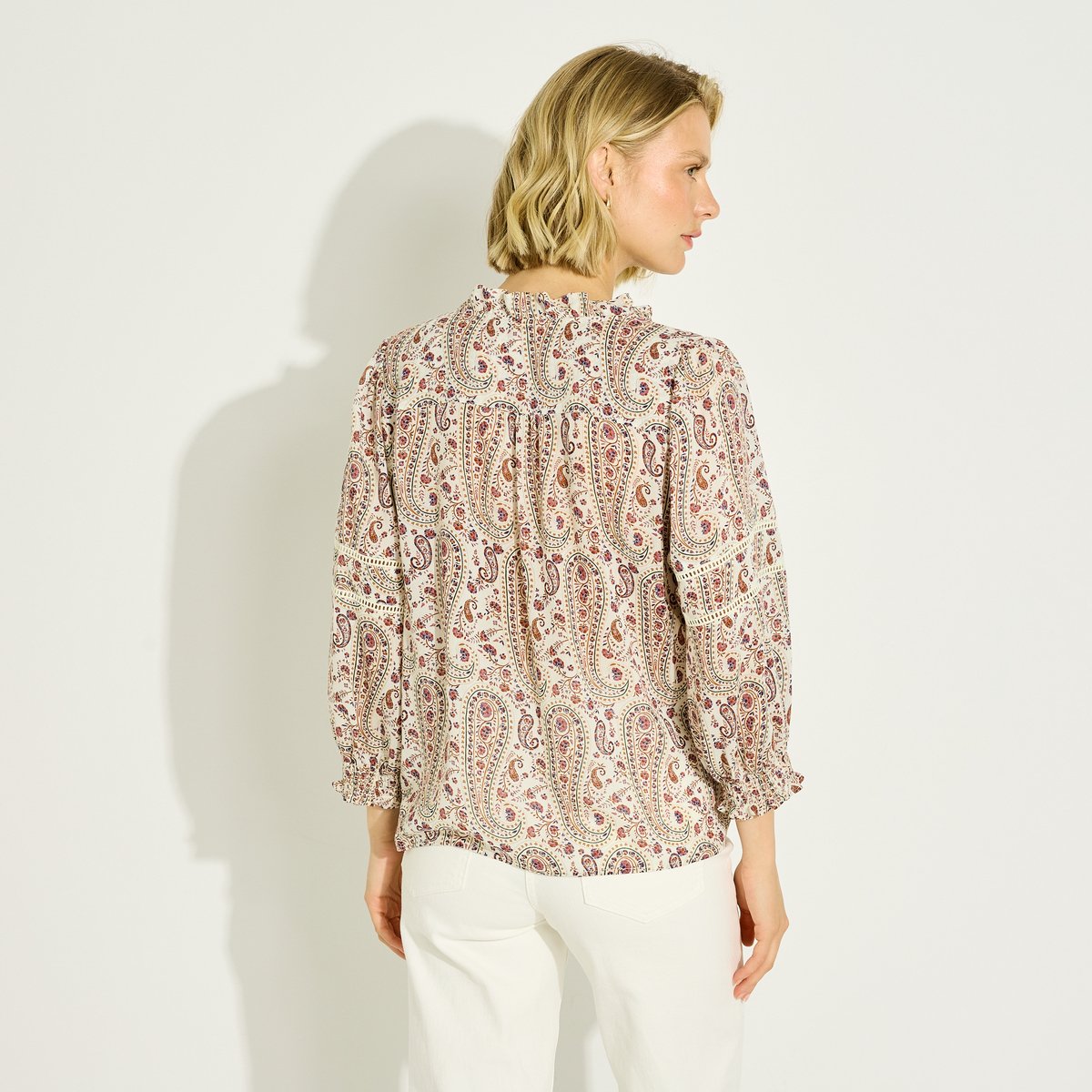 Blouse imprimé bohème col V blanc cassé ecru, GRAIN DE MALICE