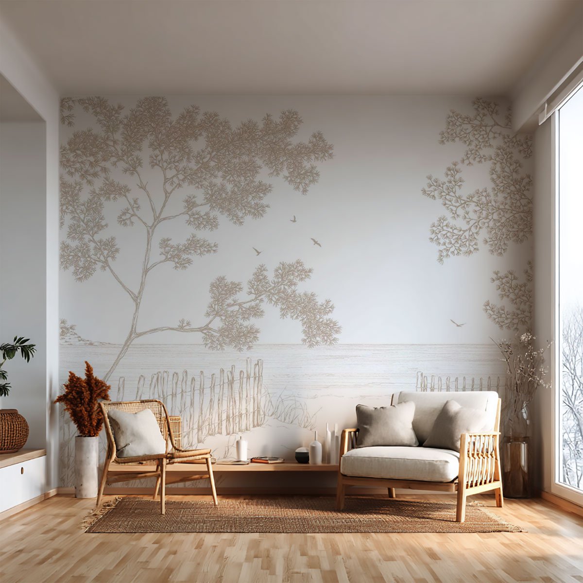 Papier peint chemin de pins bord de mer esquisse beige, HEXOA