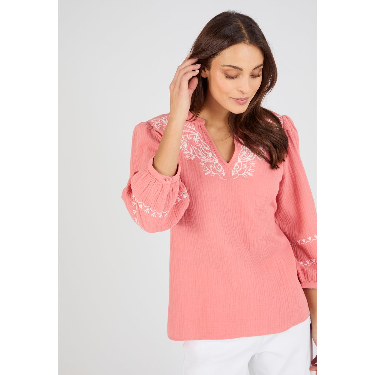 Blouse brodée en gaze de coton rose pêche, DAMART