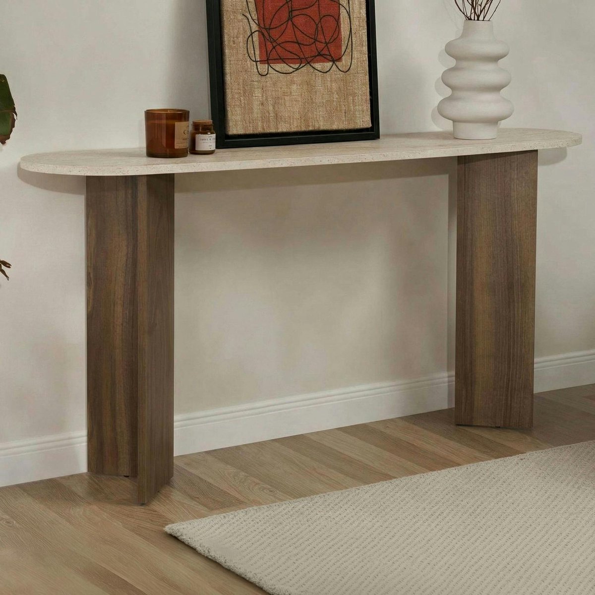 Console design - pieds en V MARFA noyer et travertin, PIER IMPORT
