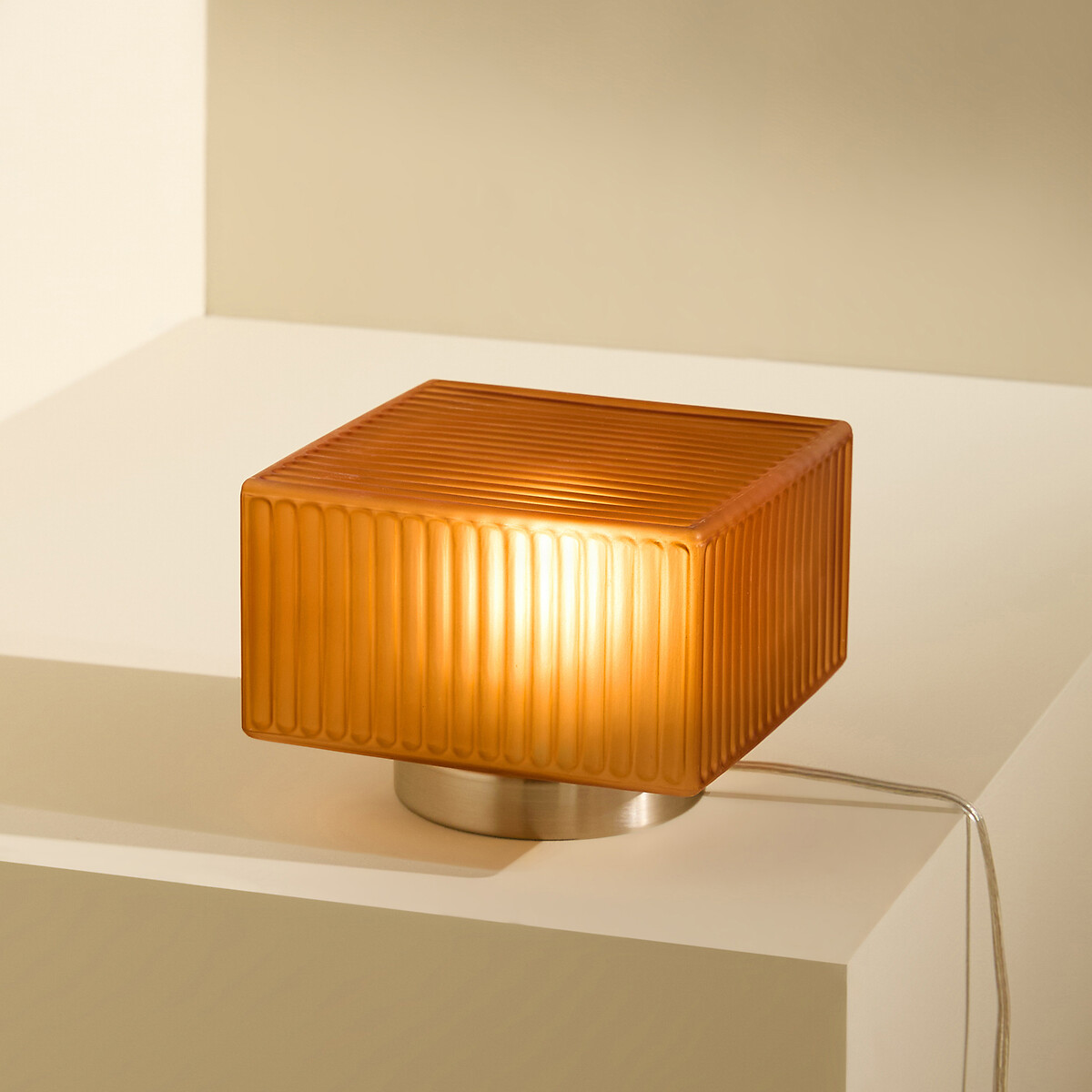 MADE.COM Alma Ribbed Glass Square Table Lamp amber, MADE